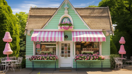 A photo of a storefront with a pink and white striped awning, providing shade and protection from the elements.の素材