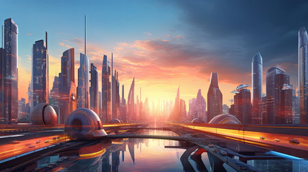 Futuristic city at sunset. 3d rendering toned imageの素材