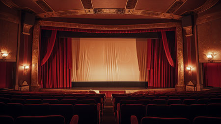 An empty theater adorned with vibrant red curtains and illuminated by various lights.の素材