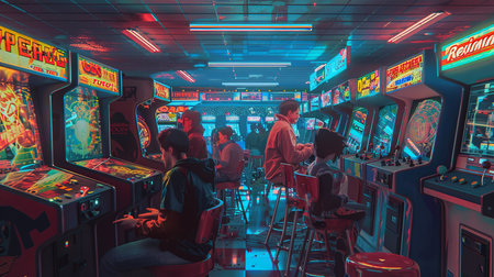 A diverse group of individuals of varying ages and backgrounds are immersed in an intense gaming session in a cozy, dimly lit room. Some are seated on couches, others on the floor, all focused on their screens, controllers in hand. Laughter, cheers, and banter fill the air as they compete against each other in virtual worlds.の素材