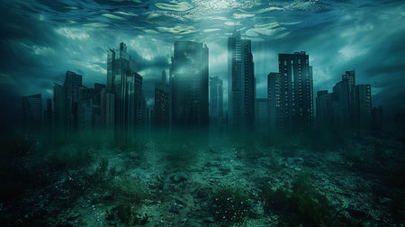 A cityscape lies beneath a shimmering body of water, with towering buildings and streets enveloped in a thick layer of white clouds. The scene is surreal and dreamlike, with a magical and mysterious atmosphere.の素材