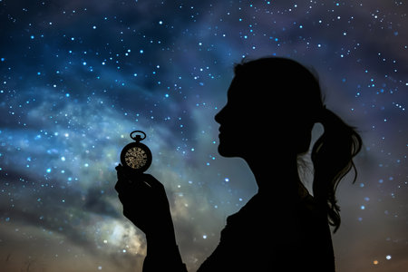 A woman stands holding a pocket watch in front of a vast night sky filled with twinkling stars. Her figure is silhouetted against the celestial backdrop, emphasizing the contrast between the bright watch and the dark sky.の素材