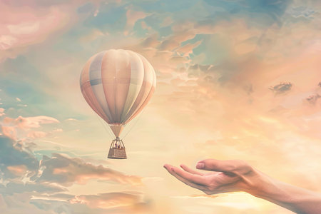 A hand is firmly grasping a colorful hot air balloon as it floats in the sky. The balloon is inflated and soaring above the landscape, with the backdrop of clouds and blue sky.の素材