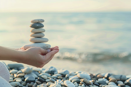 A person is standing by the ocean, holding a stack of rocks in their hands. The individual is surrounded by the vast expanse of water, rocks, and seagulls flying above.の素材