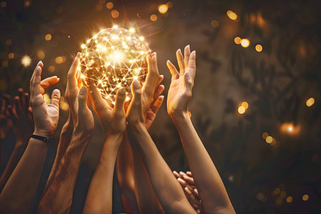 A diverse group of individuals standing in a circle, each raising their hands towards a large ball in the center. The ball appears to be glowing and emitting light, while the people seem focused and connected in their gesture.の素材