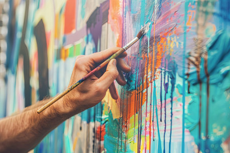 A man is standing in front of a wall, using a brush to apply paint. The man is focused on his task, concentrating on creating a design on the surface.の素材