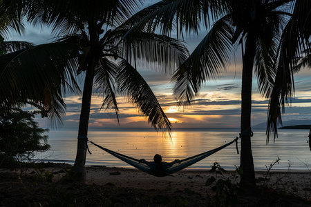 A person is comfortably seated in a hammock, enjoying the beautiful beach scenery. The hammock is gently swaying in the breeze as the individual relaxes with the ocean in the background.の素材