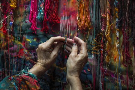 A woman focusing intently as she works on a piece of art, using various tools and materials to bring her vision to life. Her hands are skillfully manipulating the medium, showcasing her creativity and talent.の素材