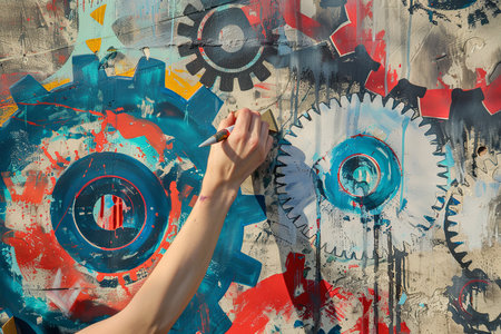 A person is actively drawing on a wall that is adorned with intricate gears, creating a unique and industrial-inspired art piece.の素材
