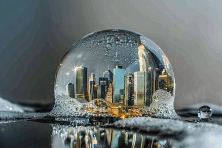 A crystal ball displaying a detailed reflection of a bustling cityscape, showcasing skyscrapers, bridges, and urban activities within its transparent sphere.の素材