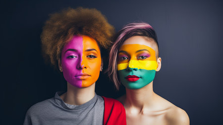 Portrait of two multiethnic girls with multicolored painted faceの素材