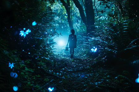 Silhouette of a man walking in the forest at night.の素材