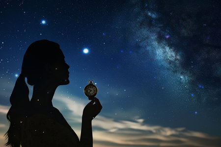 Silhouette of a woman holding a pocket watch against the starry skyの素材