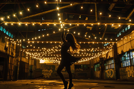 Beautiful woman dancing at night in a dark abandoned industrial building.の素材