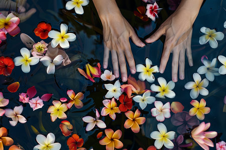 Close up of female hands holding frangipani flowers floating in waterの素材