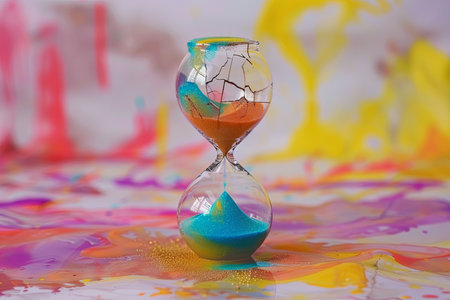 An hourglass is placed on top of a table covered in various colors of paint. The paint appears to be dried, creating an interesting contrast with the traditional sand timer.の素材