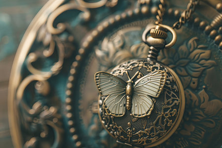 A detailed view of a pocket watch featuring intricate designs, with a delicate butterfly perched on top. The watchs hands are frozen in time, while the butterfly adds a touch of nature to the mechanical precision.の素材