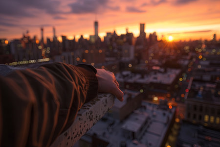 Man's hand on the roof of a skyscraper in New York at sunsetの素材