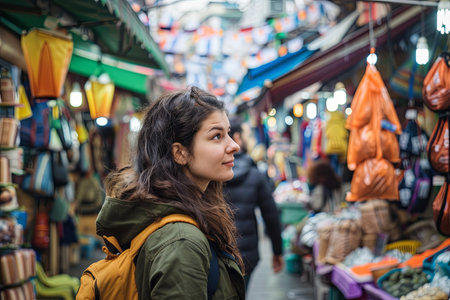A woman is standing in front of a bustling market filled with various goods such as fruits, vegetables, textiles, and handicrafts. Vendors can be seen arranging their products while customers browse and make purchases.の素材