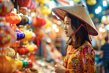 A woman wearing a stylish hat is browsing through fresh produce at a busy market. The market is bustling with vendors selling a variety of fruits, vegetables, and other goods.の素材