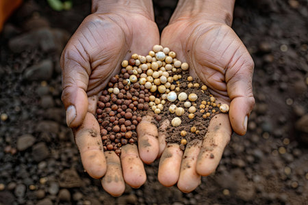 A persons hands tightly gripping a small pile of soil and seeds, preparing to plant them in the ground. The dirt is rich and dark, contrasting against the light-colored seeds.の素材