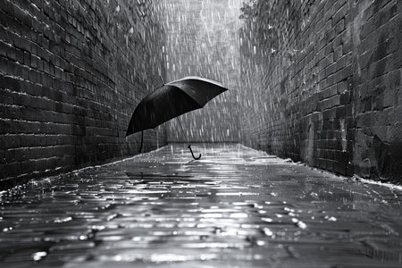 A black and white depiction of a person walking in the rain, holding an umbrella to shield themselves from the downpour.の素材