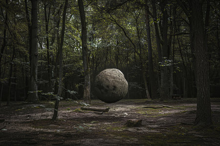 A large rock stands prominently in the midst of a dense forest, showcasing the juxtaposition of natures elements. The rock is weathered and covered in moss, contrasting with the vibrant greenery of the surrounding trees.の素材