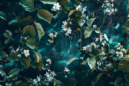 A computer circuit board sits among a backdrop of vibrant green leaves and colorful flowers, creating a unique juxtaposition of nature and technology.の素材