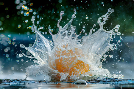 An orange fruit is shown mid-air, about to make a splash into the clear blue water below. The impact creates ripples on the surface as the fruit submerges.の素材