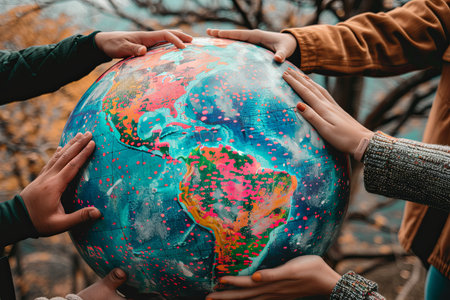 A group of individuals is seen holding a globe in their hands, symbolizing unity, teamwork, and global awareness. The diverse group showcases solidarity and collaboration in addressing worldwide challenges.の素材