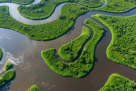 A river winds its way through a vibrant and verdant countryside, surrounded by lush green vegetation and rolling hills. The water in the river is flowing steadily, reflecting the clear blue sky above.の素材