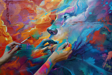 A person is actively engaged in painting a large mural on the side of a building. They are using various colors and tools to create intricate designs and shapes on the wall, showcasing their artistic talent and creativity.の素材