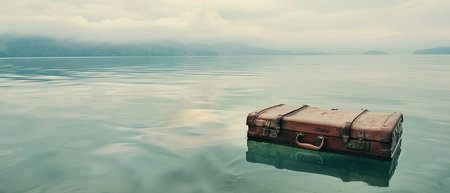 A vintage suitcase appears surreal as it floats in the center of a calm lake. The image evokes feelings of nostalgia and prompts reflection on the transient nature of journeys.の素材