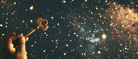 A person is shown holding a vintage key up to a sky filled with stars, symbolizing unlocking cosmic secrets and the quest for knowledge.の素材