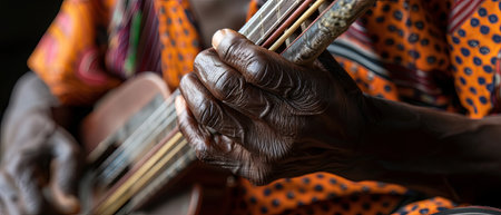 A close-up view of a person passionately playing a guitar, focusing on the hands strumming the strings with precision and skill. The image captures the intensity and dedication of the musician in creating captivating melodies.の素材