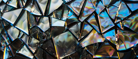 Close-up view of a mirror reflecting a clock, creating a unique visual composition with shattered glass forming a kaleidoscopic pattern.の素材