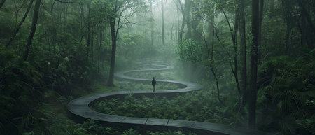 A person is standing at the crossroads of a winding path in the midst of a dense forest, symbolizing choices, decisions, and the journey of self-discovery.の素材