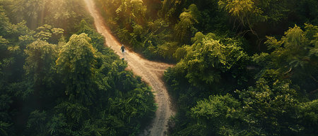 A dirt road winding through a dense forest with a person standing at the crossroads, symbolizing choices and the journey of self-discovery.の素材