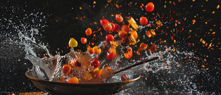 A bowl filled with vibrant oranges is seen tumbling into the water, creating ripples and splashes as the fruit submerges. The dynamic motion frozen in time captures the action of the oranges meeting the water.の素材