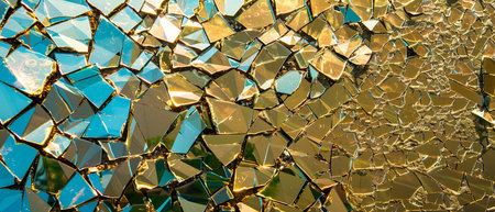 A close-up view of a mosaic glass wall, showcasing a kaleidoscopic pattern created by shattered glass. The broken glass fragments come together to form a beautiful and intricate design.の素材