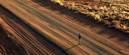 A person is standing in the center of a dusty, deserted road surrounded by barren land. The individual is stationary and appears contemplative as they gaze into the distance, with long shadows cast by the harsh sunlight.の素材