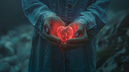 A person is holding a heart in their hands, showcasing a symbol of love, care, and emotion. The individuals fingers gently cradle the heart, highlighting the delicate nature of the gesture.の素材