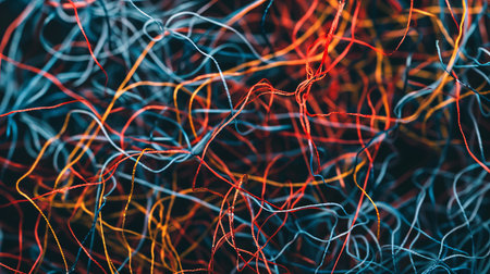 This close-up shot showcases a tangled bunch of wires intertwined with each other. The various colors and textures of the wires are clearly visible, creating a complex and intricate pattern.の素材