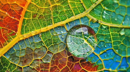 A detailed view of a green leaf covered in small, glistening water droplets. The droplets reflect light, enhancing the texture and patterns of the leaf surface. Each droplet appears like a tiny magnifying glass, showcasing the intricate veins and natural beauty of the leaf.の素材