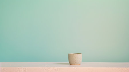 A white cup is placed on top of a pink shelf, creating a simple and modern aesthetic. The contrast between the cup and shelf adds visual interest to the composition.の素材