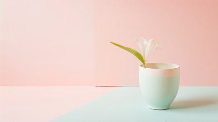 A small white ceramic vase containing a single delicate flower standing on a wooden table. The white petals of the flower contrast beautifully with the minimalist design of the vase.の素材