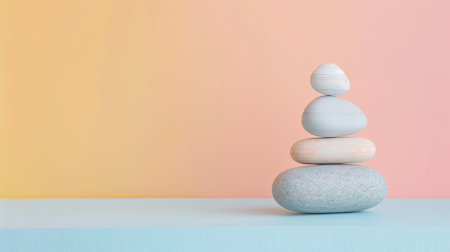 A stack of rocks precariously balanced on top of a wooden table, creating a striking visual contrast between the rough natural stones and the smooth surface of the table. The rocks vary in size and shape, with some appearing to defy gravity as they lean against each other.の素材