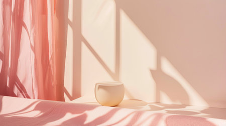 A white vase is placed on top of a neatly made bed, positioned beside a window. The setting is simple and elegant, with natural light filtering through the window onto the vase.の素材