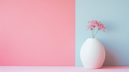 A white vase filled with pink flowers is placed against a pink and blue background. The delicate petals contrast beautifully with the soft pastel colors of the backdrop.の素材