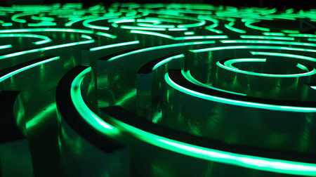 A circular maze with green lights illuminating the center, creating a mesmerizing and intriguing pattern. The maze appears to be made of hedges or walls, with intricate pathways leading towards the central green lights.の素材